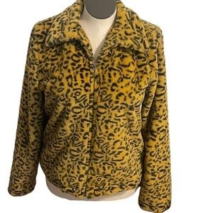 Andrée by unit jacket woman cheetah animal collar zip yellow mustard black Sz L